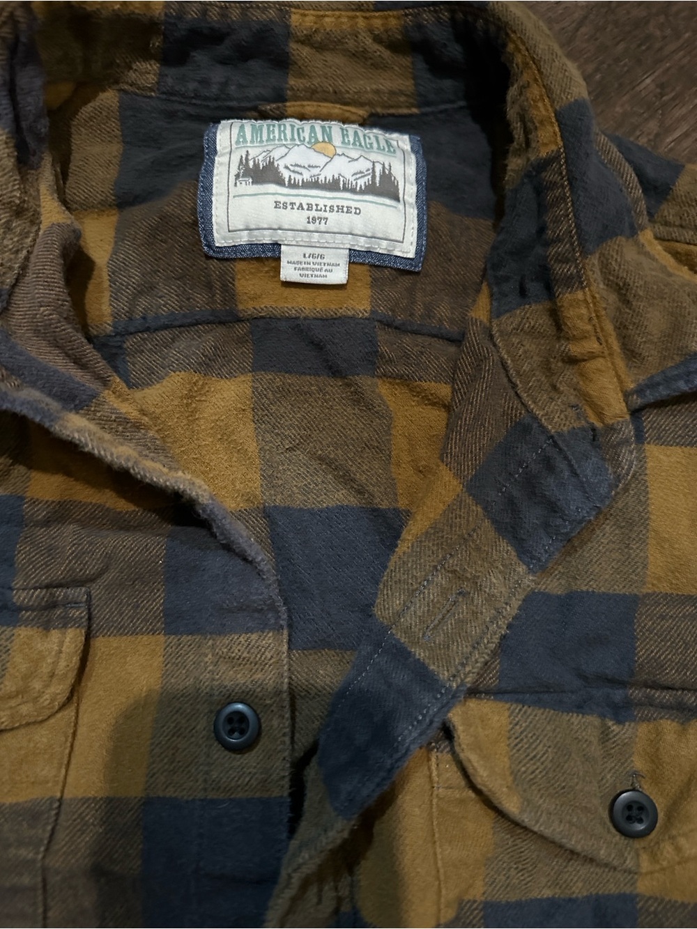American Eagle Outfitters Blue and Brown Plaid Button-Down Shirt